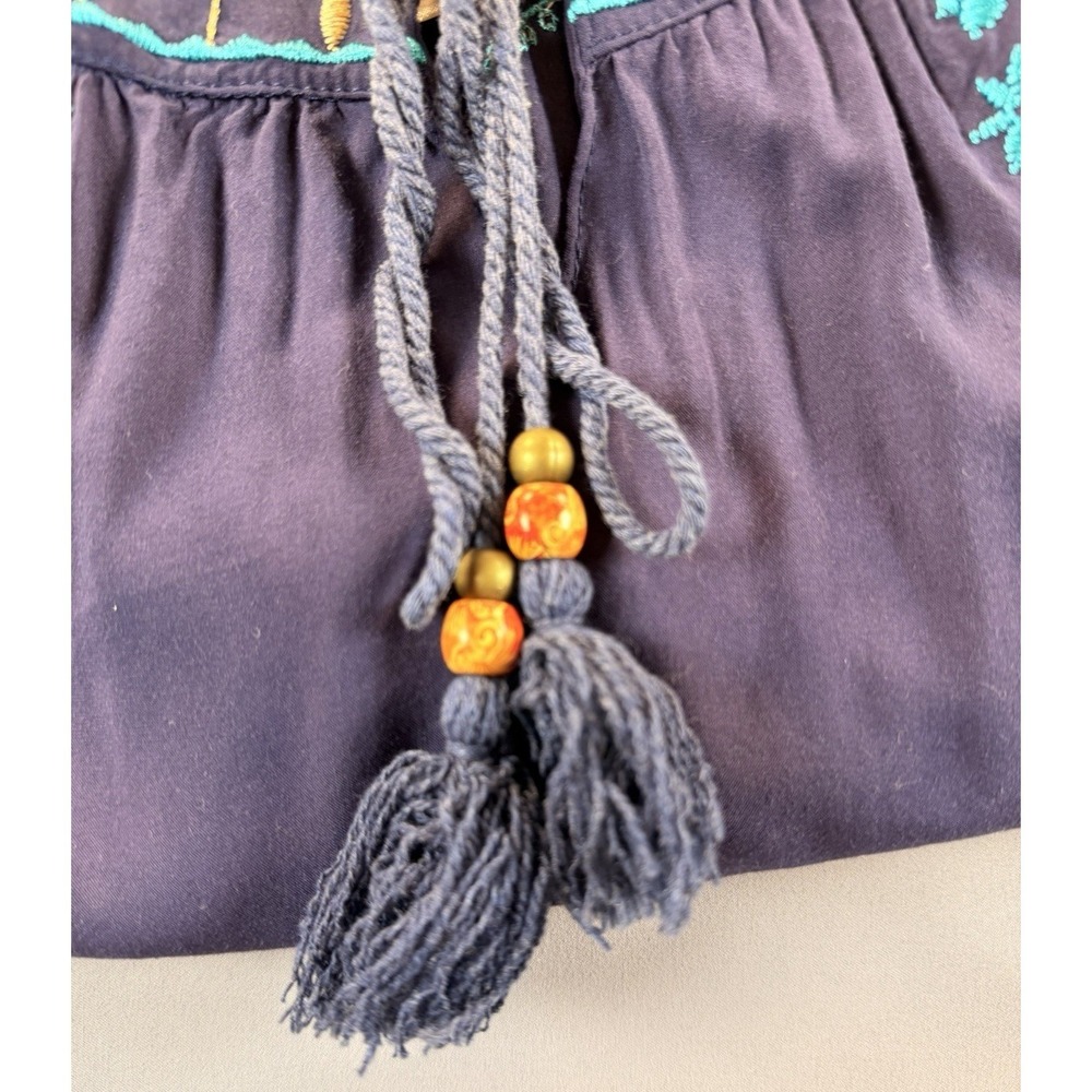 Urban Mangoz Embroidered Boho Peasant Top Navy Blue Tassel Cotton Small - Picture 12 of 12